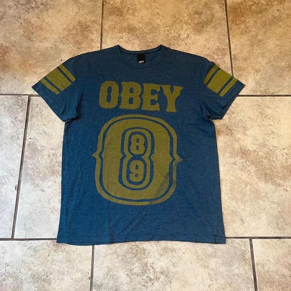 Vintage OBEY Single Stitch T-Shirt Collegiate 89 Graphic Slate Blue Size L